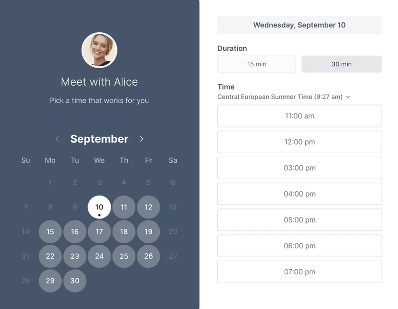 Koalendar booking page screenshot
